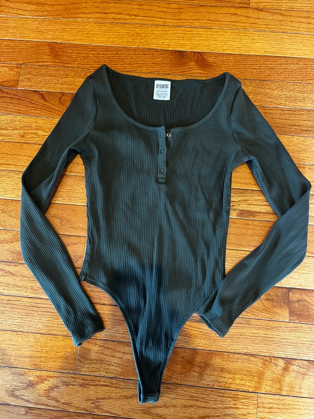PINK Victoria's Secret Green Ribbed Long-Sleeve Henley Bodysuit